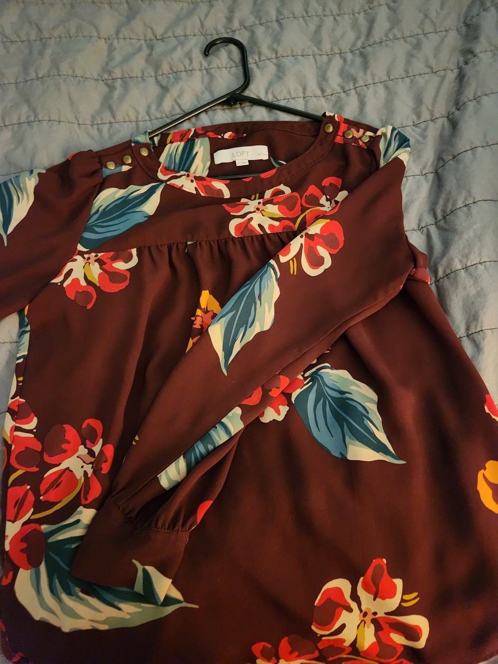 LOFT Maroon Floral Button-Shoulder Blouse
